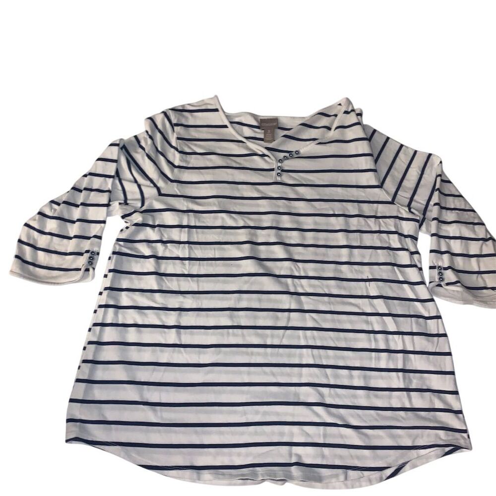 Chico's Women's Size 3 Navy &‎ White Striped 3/4 Sleeve Blouse